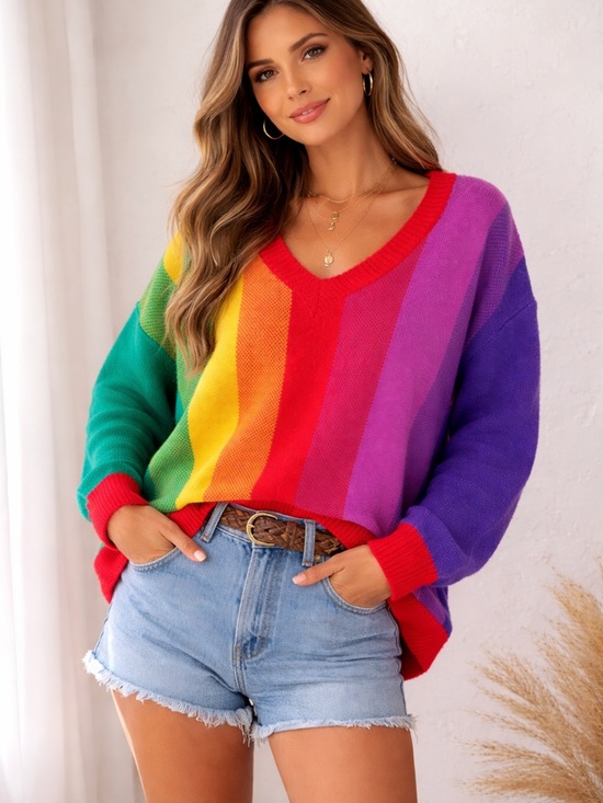 Hot & Delicious Sweaters - Hot & Delicious Rainbow V-Neck Women's Sweater - Multicolor